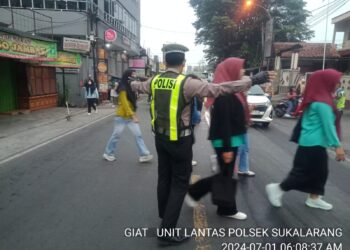 Antisipasi Kemacetan Pagi, Unit Lantas Polsek Sukalarang Melaksanakan Gatur Lalin Saat Jam Masuk Karyawan